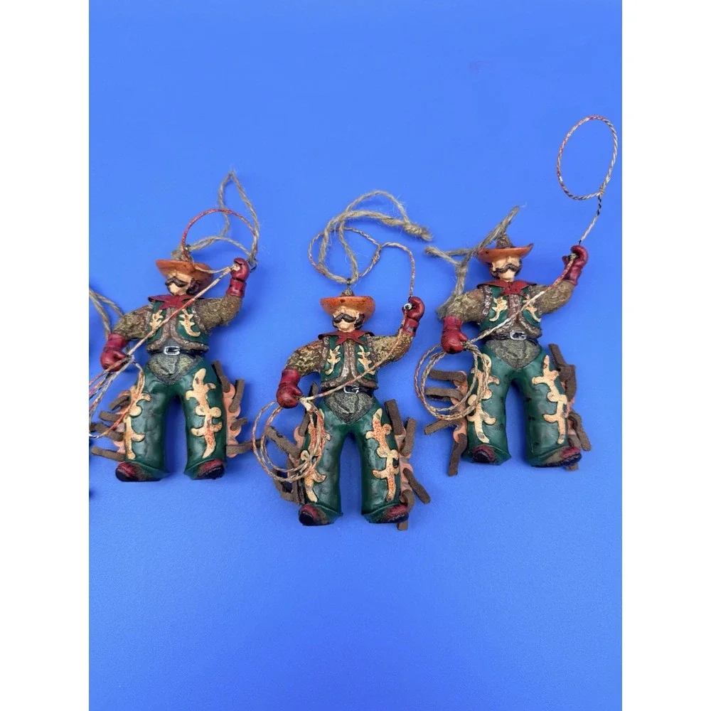 Vintage Cowboy Christmas Ornaments Set 5 Western Rodeo Lasso Suede Chaps